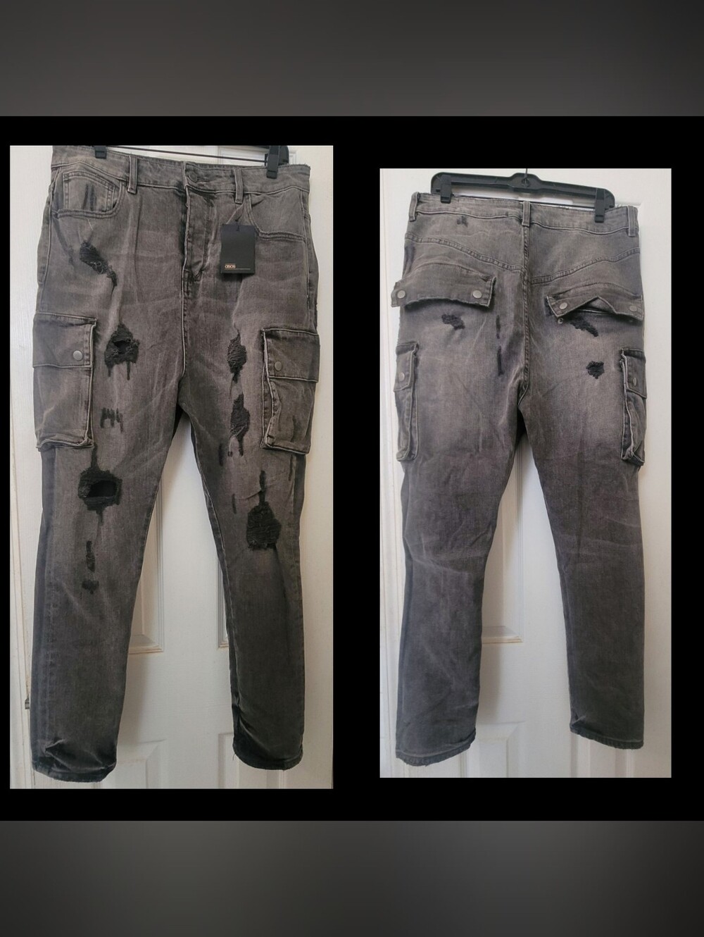ASOS Gray Distressed Cargo Pants with Flap Pockets